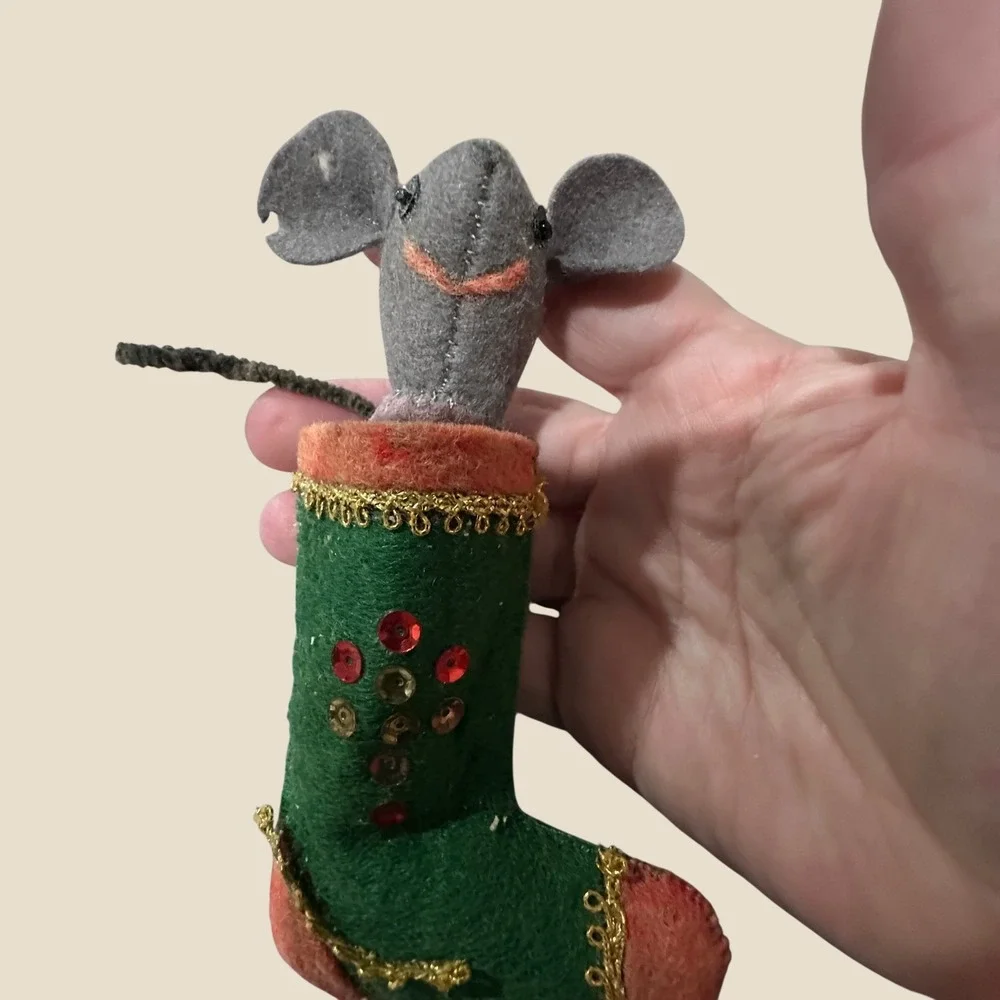 Vintage Felt Mouse in Christmas Stocking Ornament Kitschy Mid Century Holiday